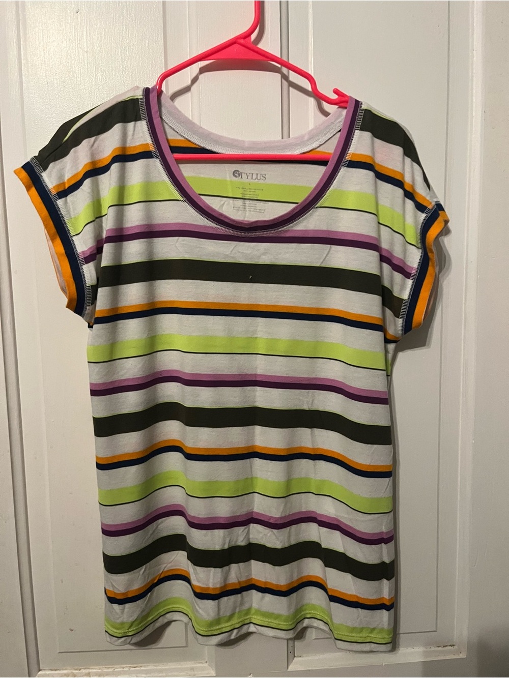 STYLUS White Scoop Neck Tee with Lime, Purple & Orange Stripes